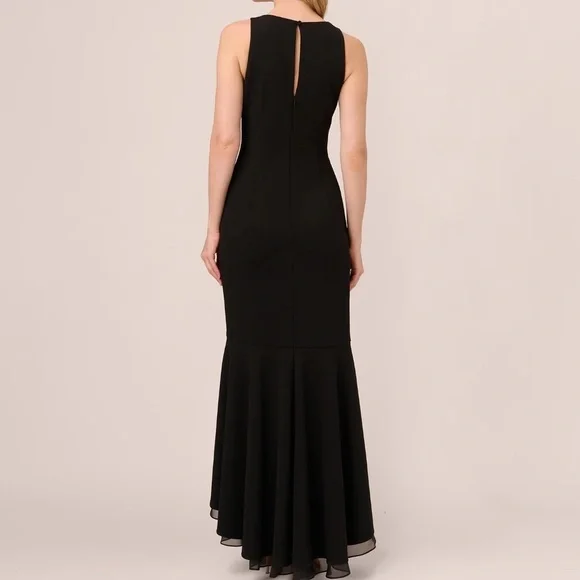 $229 NWT Adrianna Papell Black Crepe Gown Dress Draped Organza Ruffle Size 4